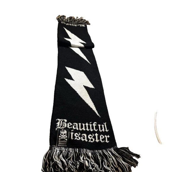 Beautiful Disaster Skull Bow Design and Lightning Black Knit Scarf with Fringe - Picture 7 of 7